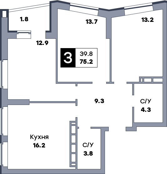 3 комнатная квартира, №346, этаж 20