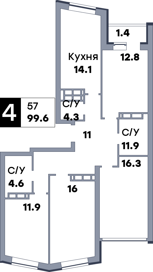 4 комнатная квартира, №349, этаж 21