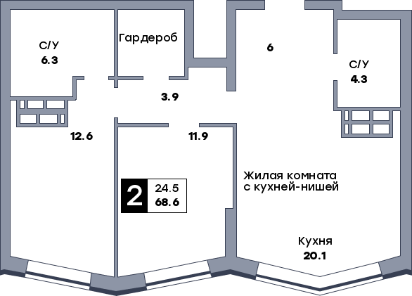 2 комнатная квартира, №350, этаж 21