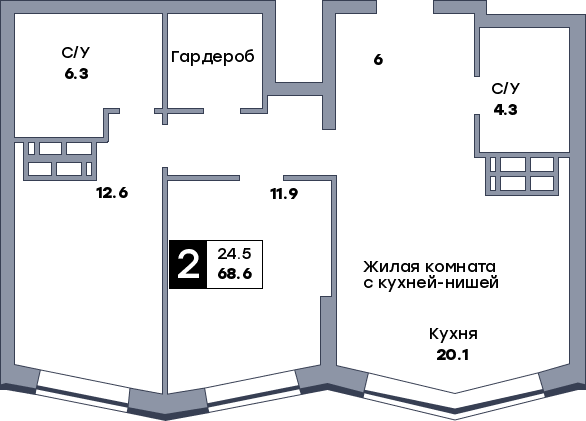 2 комнатная квартира, №357