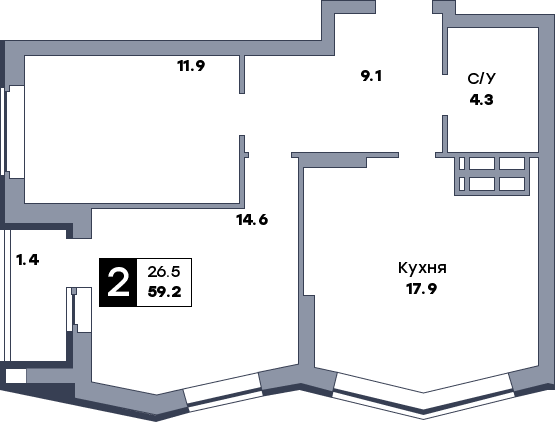 2 комнатная квартира, №359, этаж 22
