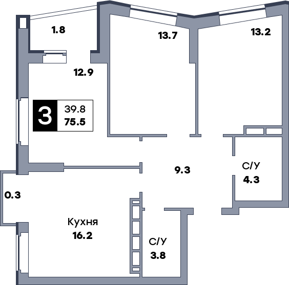 3 комнатная квартира, №367, этаж 23