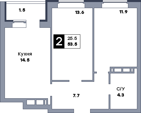 2 комнатная квартира, №369, этаж 2