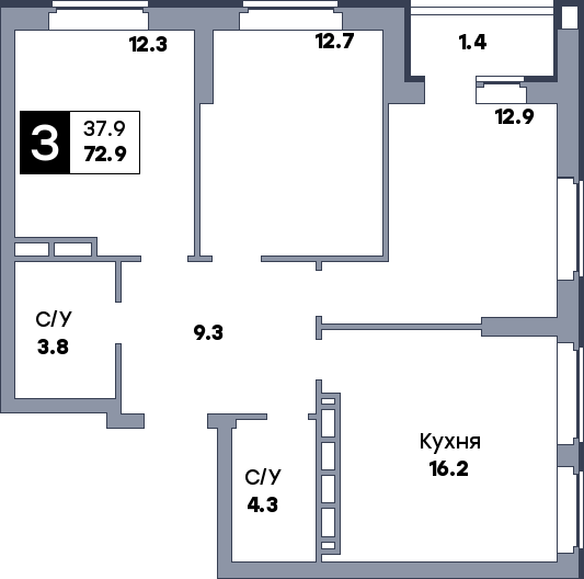 3 комнатная квартира, №370, этаж 2