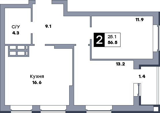2 комнатная квартира, №371