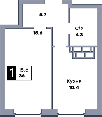 1 комнатная квартира, №372, этаж 2
