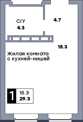 1 комнатная квартира, №373, этаж 2