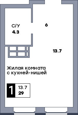 1 комнатная квартира, №375, этаж 2