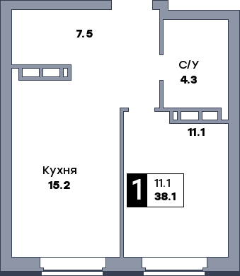 1 комнатная квартира, №376, этаж 2