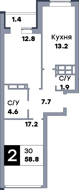 2 комнатная квартира, №377, этаж 2