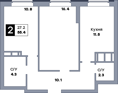 2 комнатная квартира, №378, этаж 2