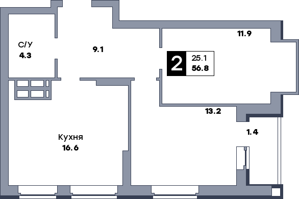 2 комнатная квартира, №381, этаж 3