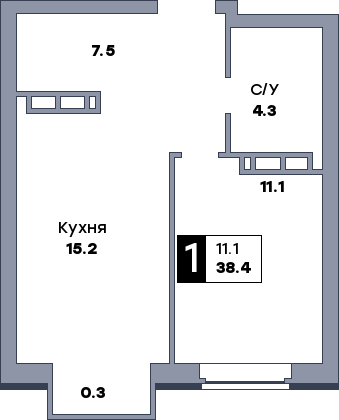 1 комнатная квартира, №386, этаж 3