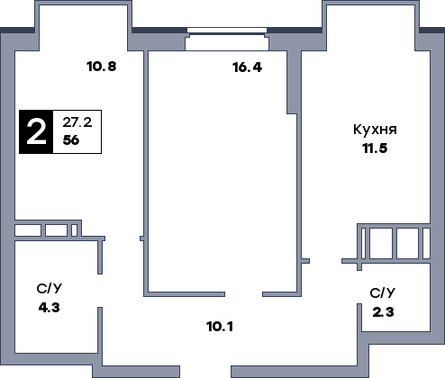 2 комнатная квартира, №388