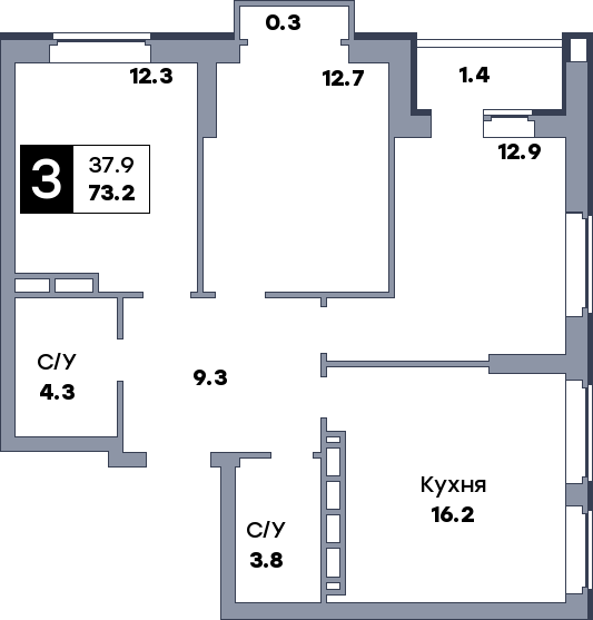 3 комнатная квартира, №390, этаж 4