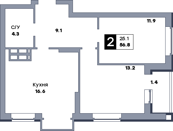2 комнатная квартира, №391