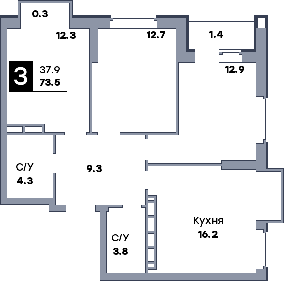 3 комнатная квартира, №400, этаж 5