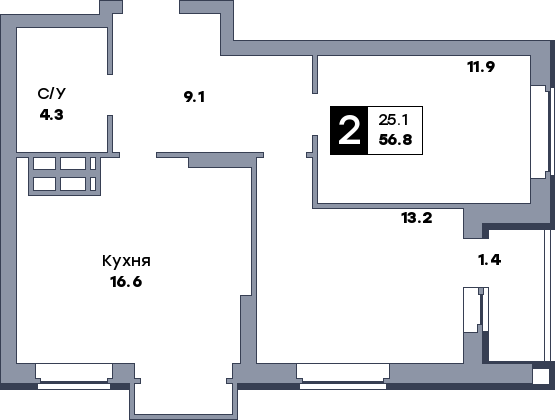 2 комнатная квартира, №411