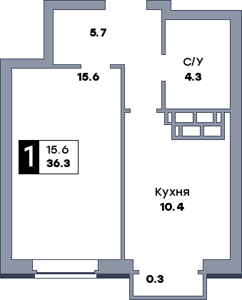 1 комнатная квартира, №412, этаж 6