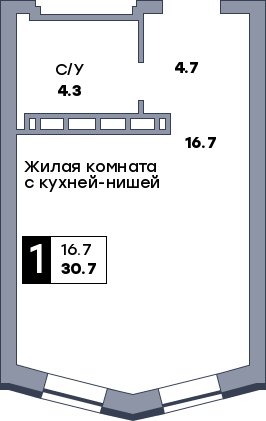 1 комнатная квартира, №413, этаж 6