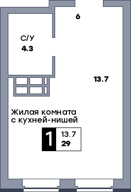 1 комнатная квартира, №415, этаж 6