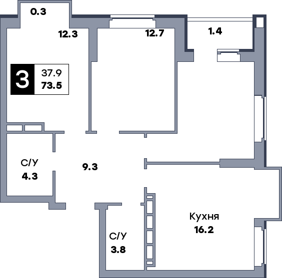 3 комнатная квартира, №420, этаж 7