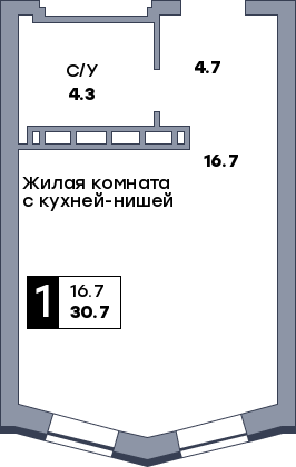 1 комнатная квартира, №423, этаж 7
