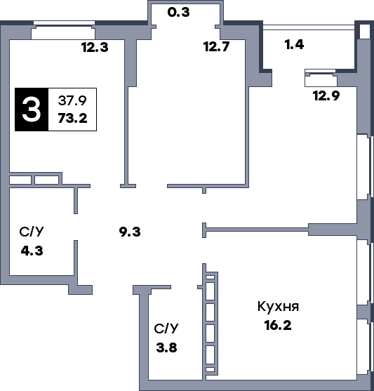 3 комнатная квартира, №430