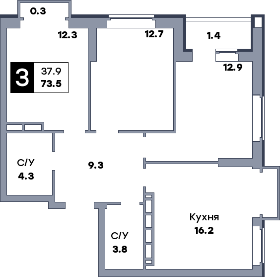 3 комнатная квартира, №440, этаж 9