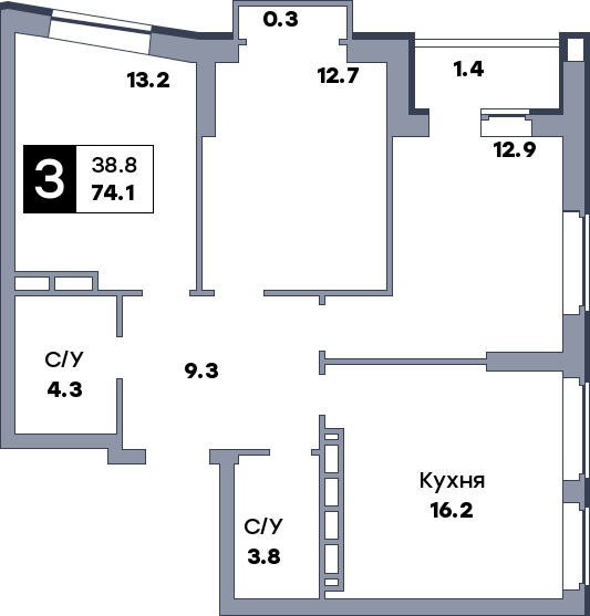 3 комнатная квартира, №470