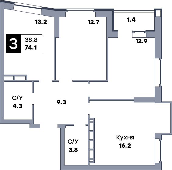 3 комнатная квартира, №480
