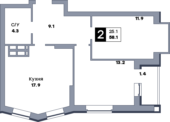 2 комнатная квартира, №481, этаж 13