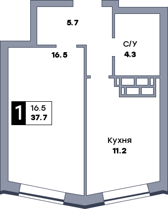 1 комнатная квартира, №482, этаж 13