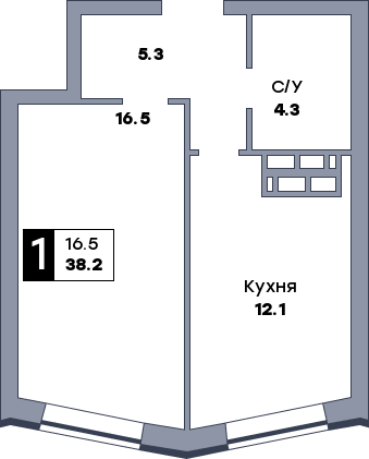 1 комнатная квартира, №484, этаж 13
