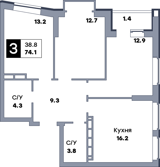 3 комнатная квартира, №490, этаж 14