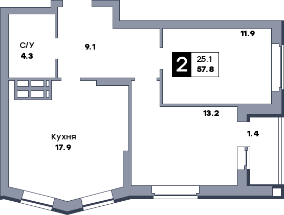 2 комнатная квартира, №491, этаж 14