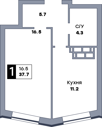 1 комнатная квартира, №492