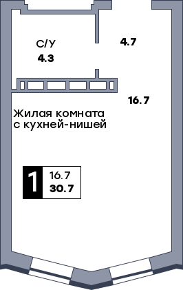 1 комнатная квартира, №493, этаж 14