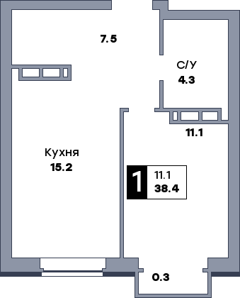 1 комнатная квартира, №496, этаж 14