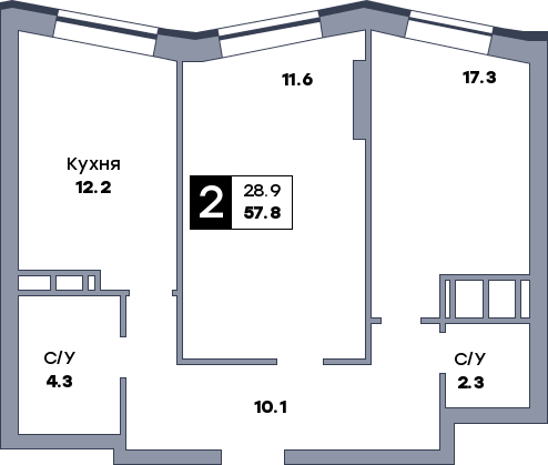 2 комнатная квартира, №498, этаж 14