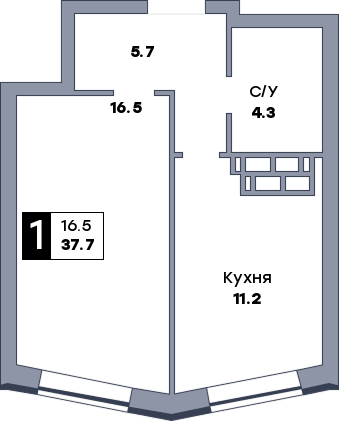 1 комнатная квартира, №522, этаж 17