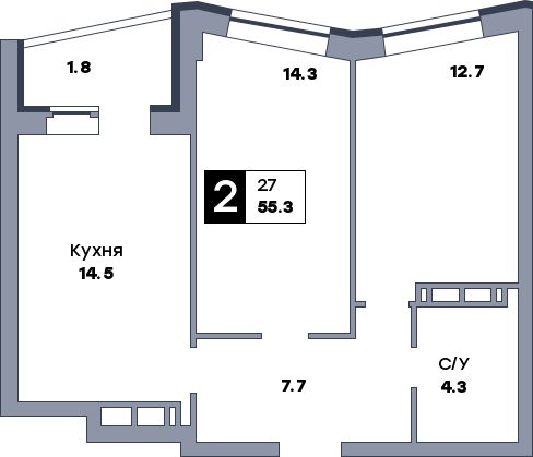 2 комнатная квартира, №529, этаж 18