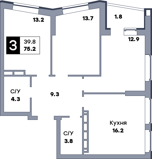 3 комнатная квартира, №530