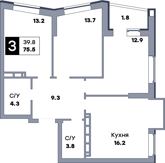 3 комнатная квартира, №540, этаж 19