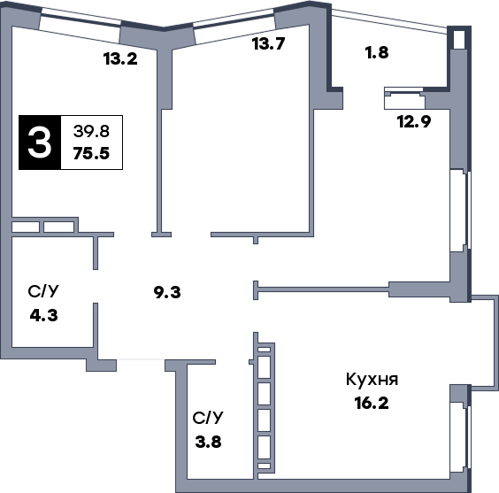 3 комнатная квартира, №557, этаж 21