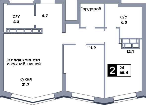 2 комнатная квартира, №559, этаж 21