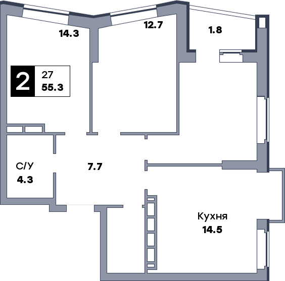 2 комнатная квартира, №563, этаж 22