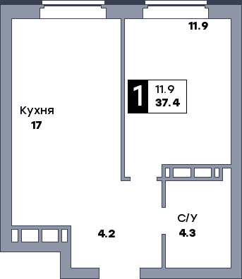 1 комнатная квартира, №577, этаж 2