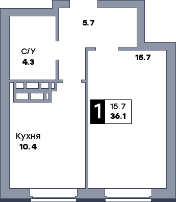 1 комнатная квартира, №583, этаж 2
