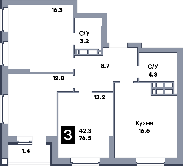 3 комнатная квартира, №584, этаж 2